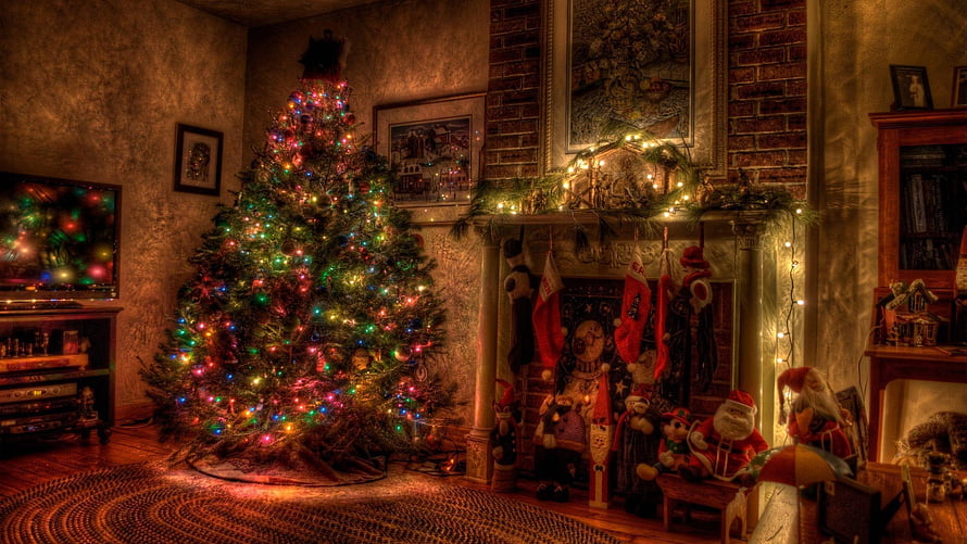 Cozy Vintage Christmas Living Room With Decorated Tree And Fireplace HD wallpaper