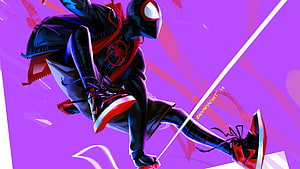 Miles Morales in dynamic action pose against vibrant purple background HD wallpaper