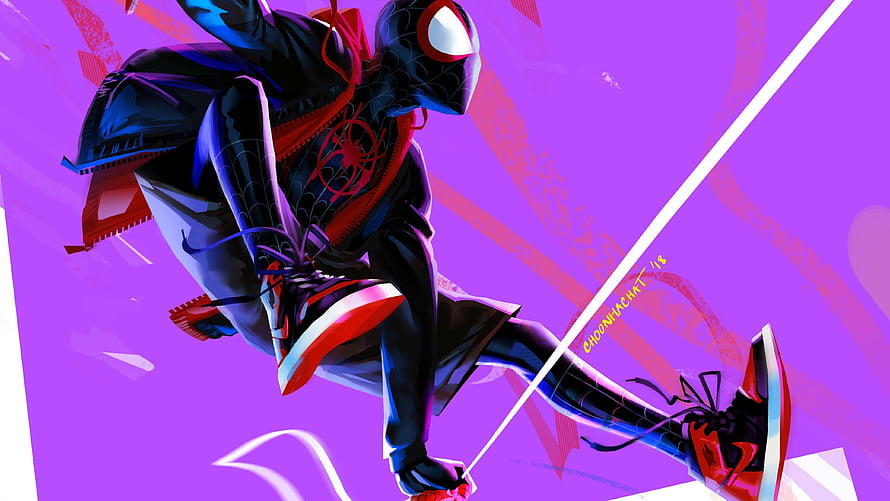 Miles Morales in dynamic action pose against vibrant purple background HD wallpaper