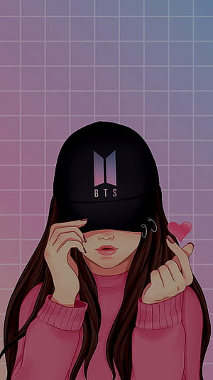 Anime Girl Wearing BTS Cap Making Finger Heart Against Pastel Grid Background HD phone wallpaper