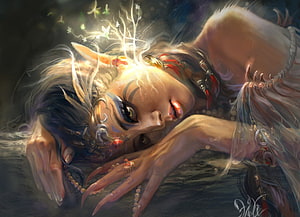 Ethereal Fantasy Elf Girl Resting With Glowing Light and Delicate Facial Art HD wallpaper