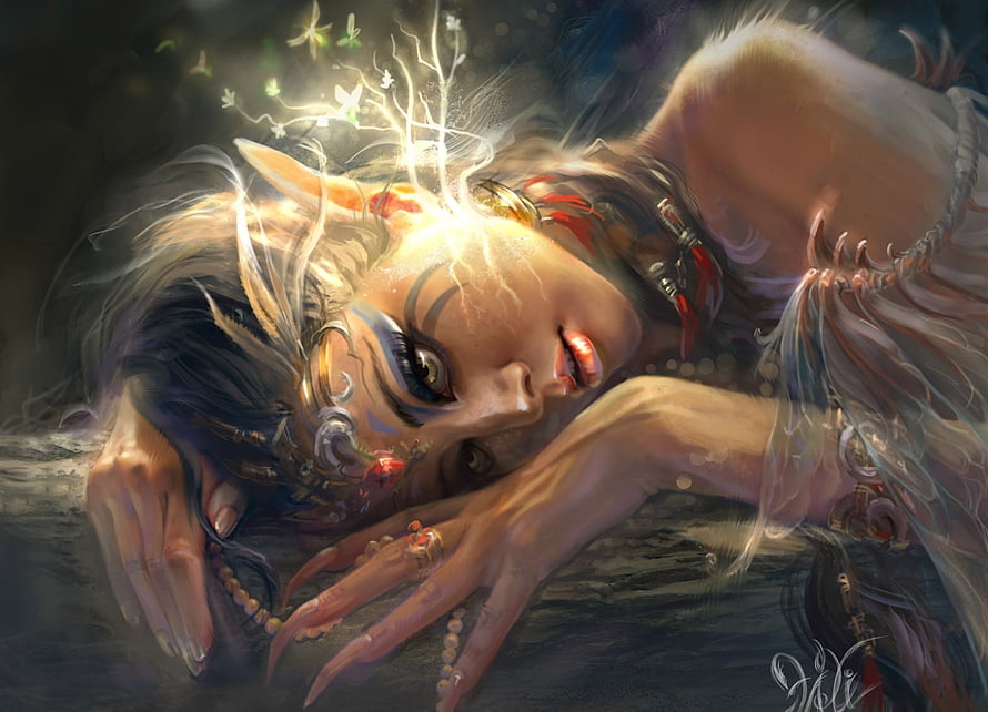 Ethereal Fantasy Elf Girl Resting With Glowing Light and Delicate Facial Art HD wallpaper