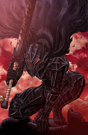 Guts from Berserk in Black Armor with Great Sword Against Crimson Sky HD phone wallpaper