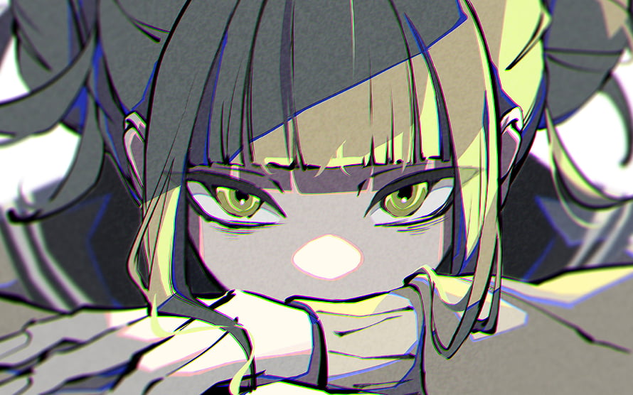 Himiko Toga from My Hero Academia in a Glitch Art Style with Intense Green Eyes HD wallpaper