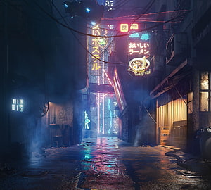 Neon-lit cyberpunk alley with Japanese ramen shop signage and rain-slicked streets HD wallpaper