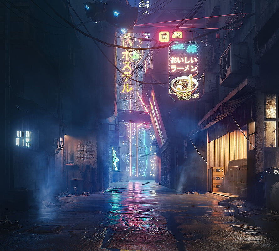 Neon-lit cyberpunk alley with Japanese ramen shop signage and rain-slicked streets HD wallpaper
