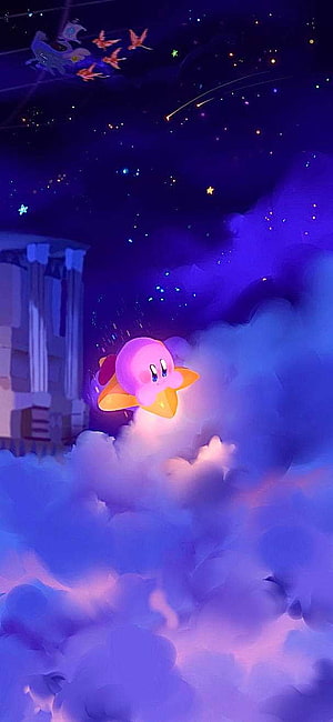 Kirby Riding a Star Through a Dreamy Purple Night Sky with Clouds and Shooting Stars HD phone wallpaper