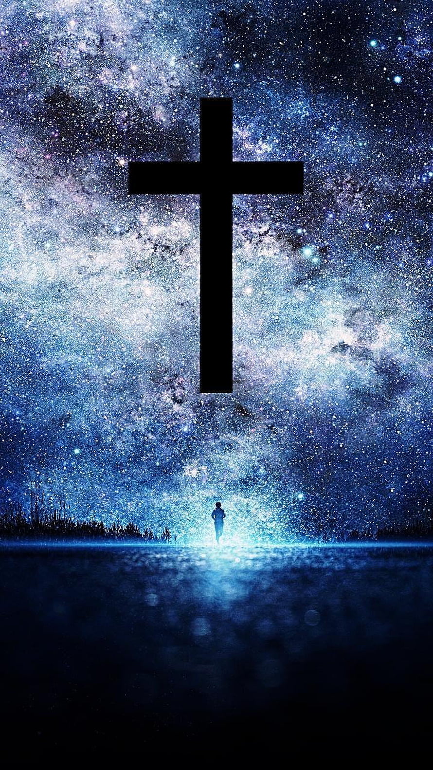 Silhouette of a person beneath a large cross against a starry night sky HD phone wallpaper