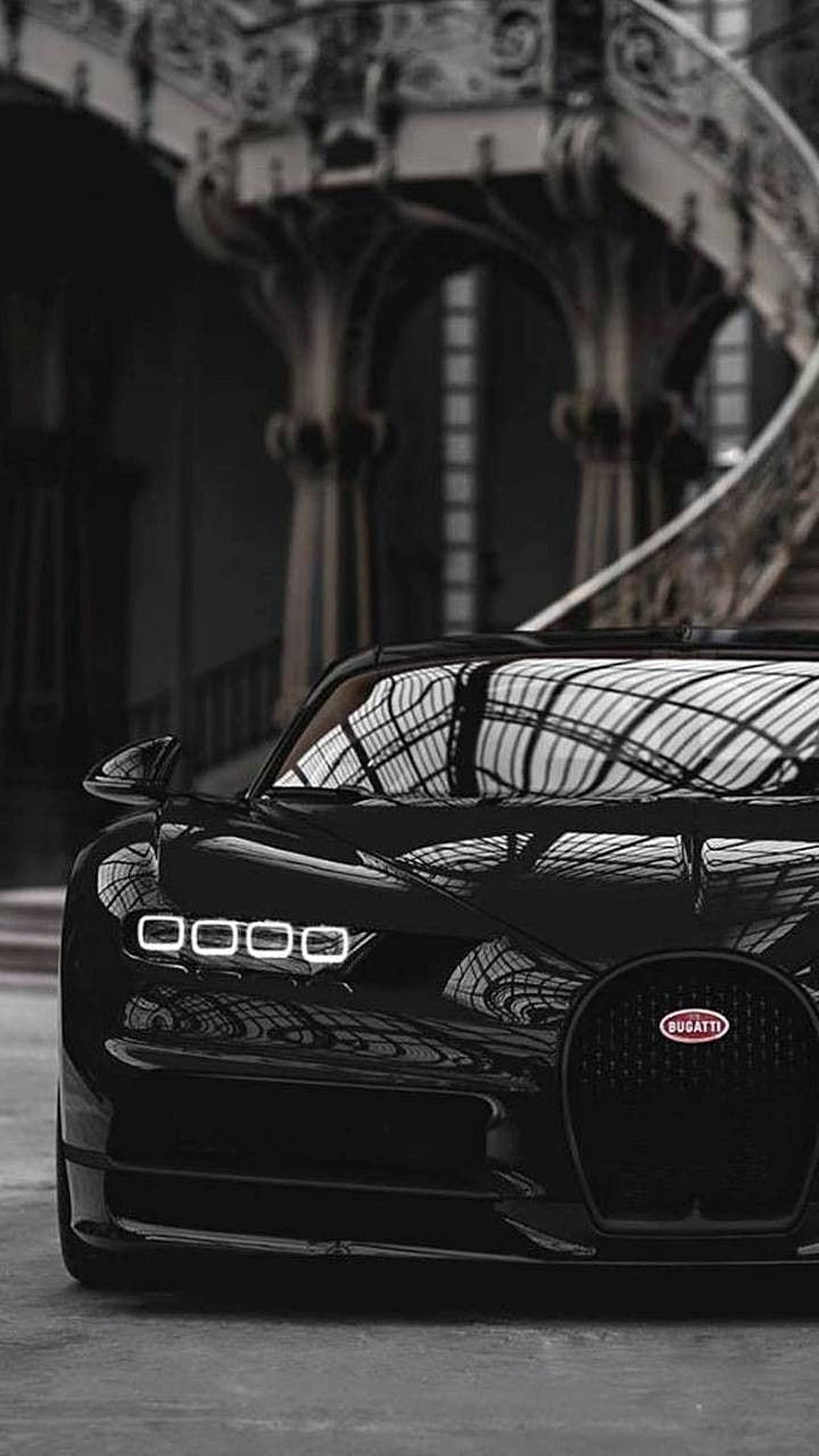 Black Bugatti Chiron Front View Under Ornate Glass Atrium HD phone wallpaper