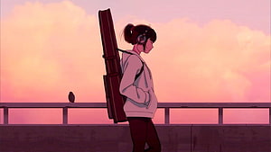 Anime girl with guitar case and headphones on a bridge at sunset HD wallpaper