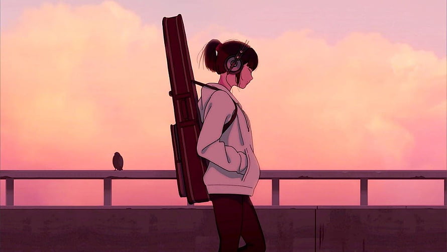 Anime girl with guitar case and headphones on a bridge at sunset HD wallpaper