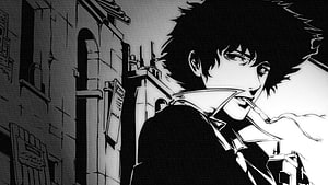 Black and White Anime Character Smoking Cigarette in Urban Setting HD wallpaper
