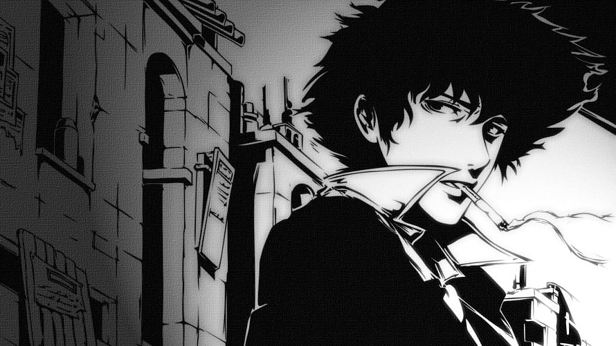Black and White Anime Character Smoking Cigarette in Urban Setting HD wallpaper