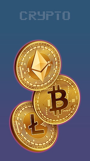 Bitcoin Ethereum Litecoin Gold Coins with Circuit Board Design on Blue Gradient Background HD phone wallpaper