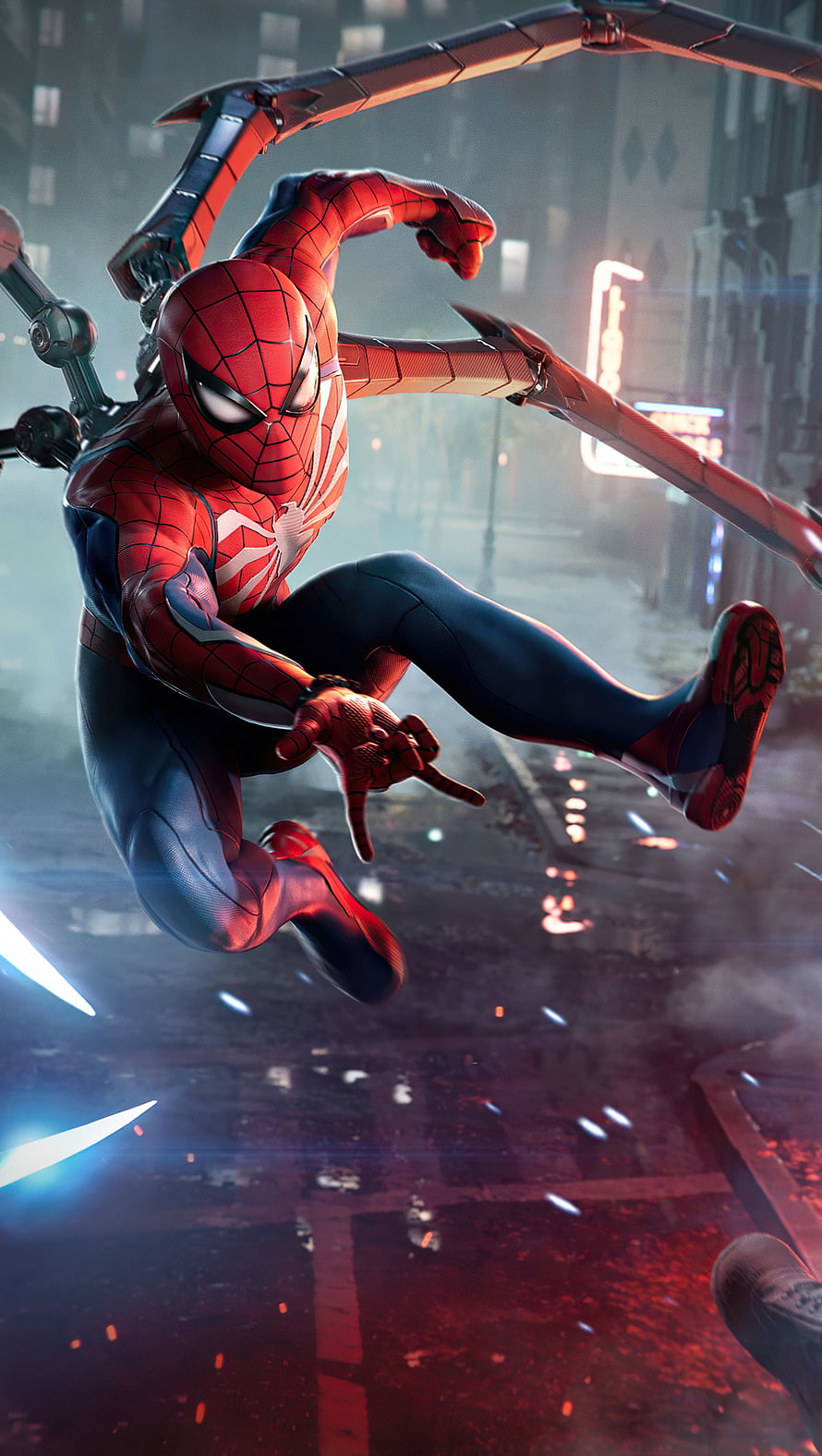 Spider-Man in Dynamic Combat Pose with Mechanical Web-Shooters in a Neon-Lit Urban Night Scene HD phone wallpaper