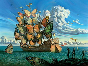 Salvador Dali Surrealist Painting of a Butterfly-Sailed Ship on the Ocean HD wallpaper