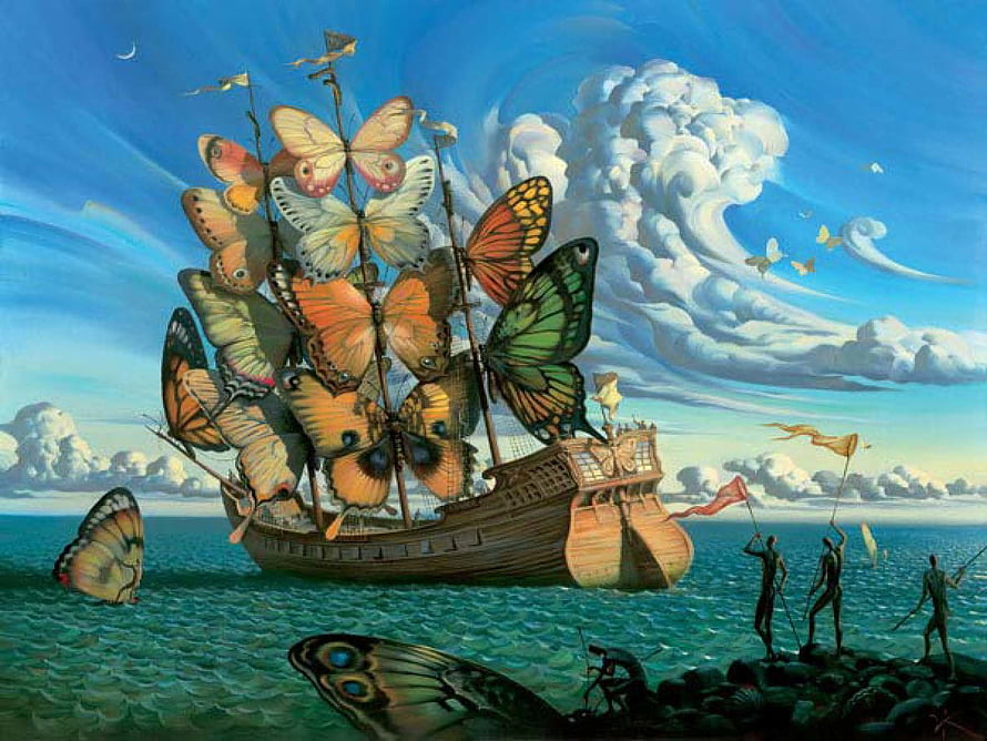 Salvador Dali Surrealist Painting of a Butterfly-Sailed Ship on the Ocean HD wallpaper