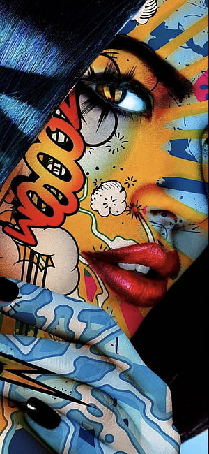 Pop Art Face Painting with Comic Book Elements and Bold Red Lips HD phone wallpaper