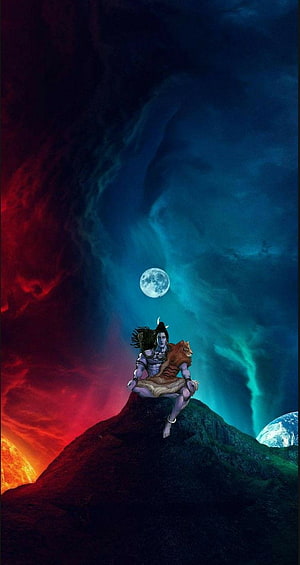 Lord Shiva as Adiyogi Meditating on a Mountain Peak Under a Full Moon HD phone wallpaper