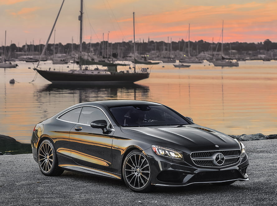 Black Mercedes-Benz S-Class Coupe Parked at Harbor During Sunset HD wallpaper