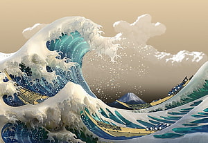 Japanese Ukiyo-e Style Giant Wave with Fishing Boats and Mount Fuji in the Distance HD wallpaper