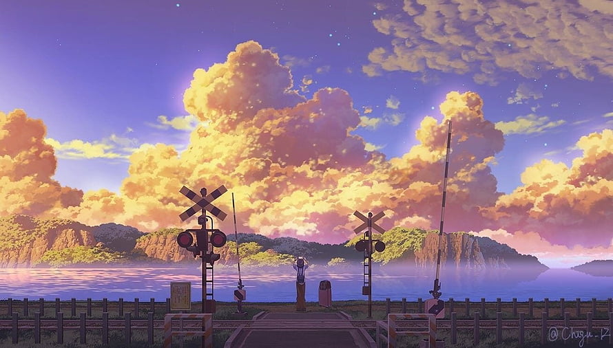 Anime Railway Crossing at Dusk with Golden Clouds and Coastal Landscape HD wallpaper