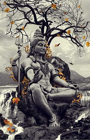 Lord Shiva Mahakal Meditating on a Rock with Trident and Rudraksha Beads HD phone wallpaper