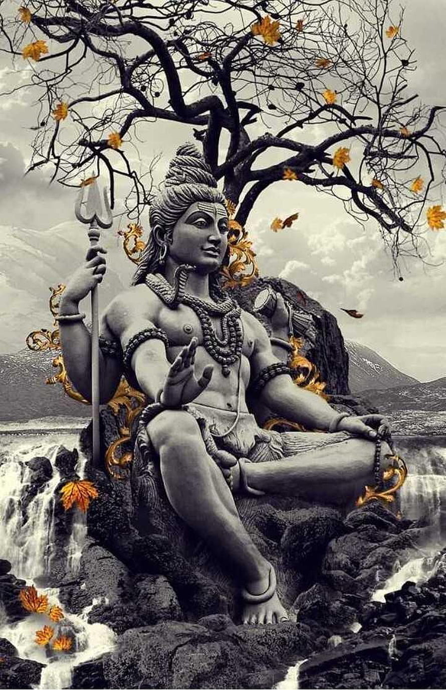 Lord Shiva Mahakal Meditating on a Rock with Trident and Rudraksha Beads HD phone wallpaper