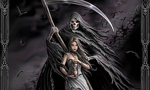 Grim Reaper and Woman with Hourglass in Dark Fantasy Illustration HD wallpaper