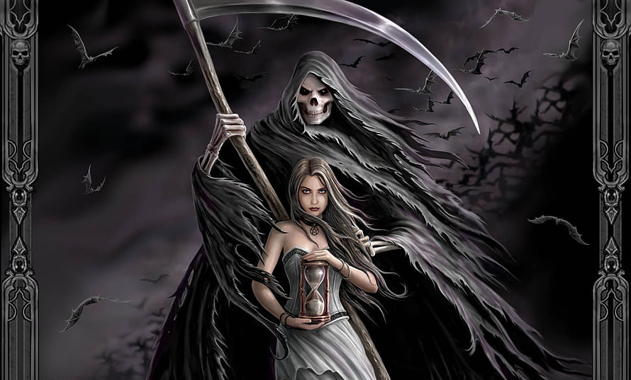 Grim Reaper and Woman with Hourglass in Dark Fantasy Illustration HD wallpaper