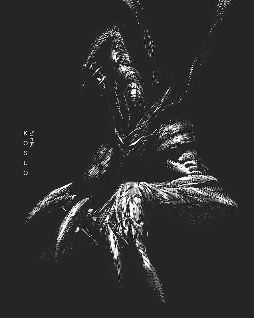 Kosuo from One Punch Man in a dramatic black and white ink illustration HD phone wallpaper