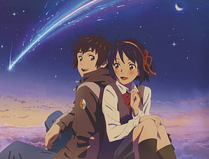 Taki and Mitsuha from Your Name Stargazing Under a Meteor Shower HD wallpaper
