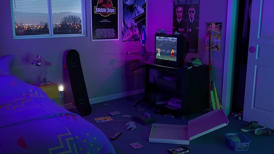 Retro Bedroom Interior With CRT Television, Skateboard, and Neon Purple Ambient Lighting HD wallpaper