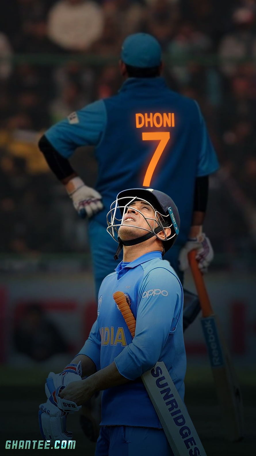 MS Dhoni Cricket Player in India Blue Jersey Holding SunRiders Bat on the Field HD phone wallpaper