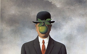 René Magritte Son of Man Surrealist Painting with Apple and Bowler Hat HD wallpaper