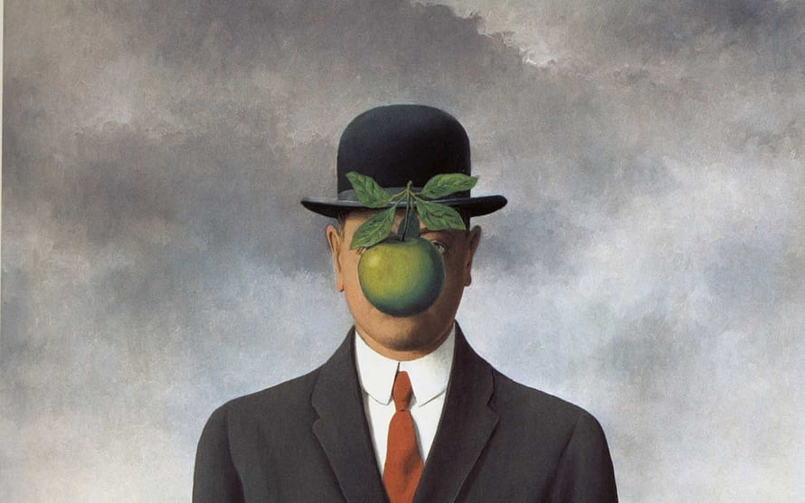 René Magritte Son of Man Surrealist Painting with Apple and Bowler Hat HD wallpaper