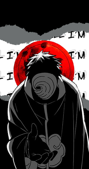 Obito Uchiha in Akatsuki Cloak with Spiral Eyes Against a Red Moon HD phone wallpaper