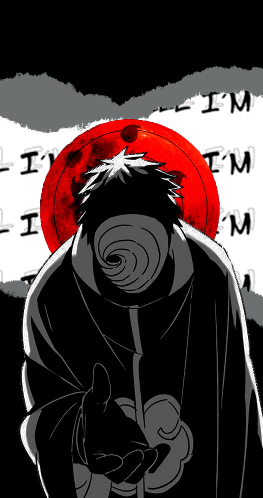 Obito Uchiha in Akatsuki Cloak with Spiral Eyes Against a Red Moon HD phone wallpaper