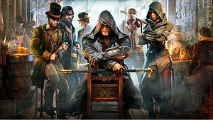 Assassin's Creed Syndicate Victorian London Gangsters and Assassins in a Smoky Tavern HD wallpaper