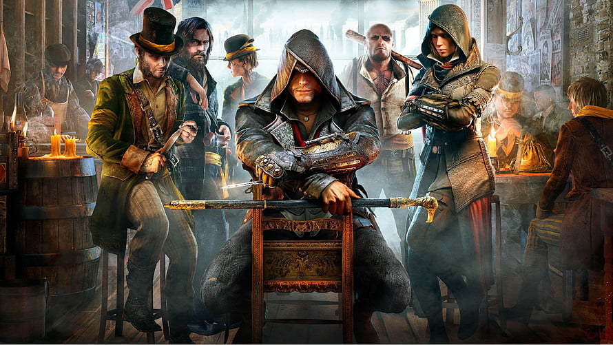 Assassin's Creed Syndicate Victorian London Gangsters and Assassins in a Smoky Tavern HD wallpaper