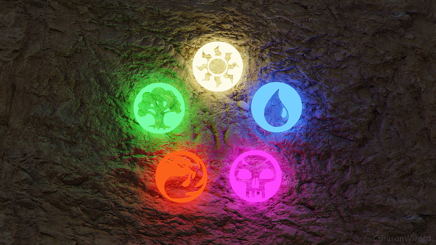 Five Glowing Magic the Gathering Mana Symbols on Textured Stone Surface HD wallpaper