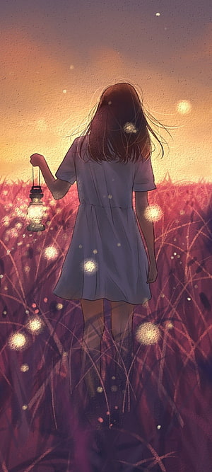 Anime Girl Holding Lantern in Firefly Field at Sunset HD phone wallpaper