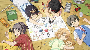 Luxiem Members Sleeping Around a Drawing Sheet in Anime Style HD wallpaper