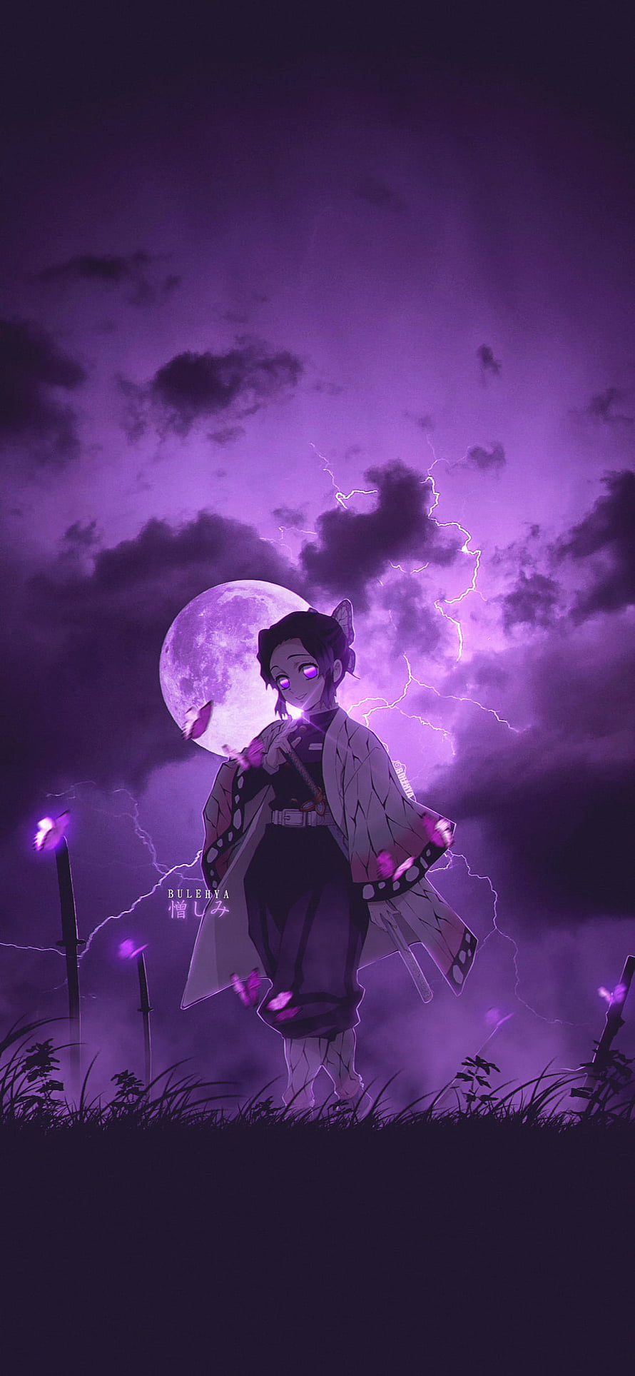 Demon Slayer Character Under Purple Moonlit Storm with Glowing Eyes and Floating Butterflies HD phone wallpaper
