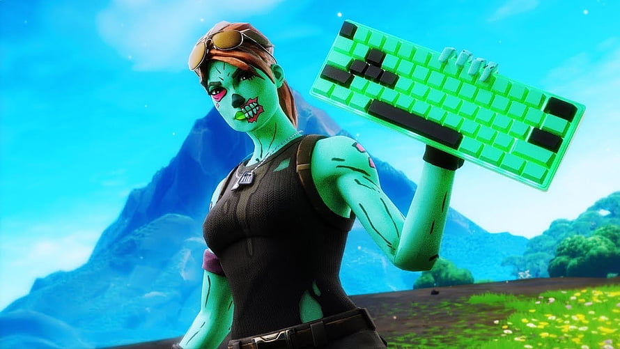 Fortnite OG Skins Zombie Character Wielding Green Keyboard in Vibrant Landscape HD wallpaper