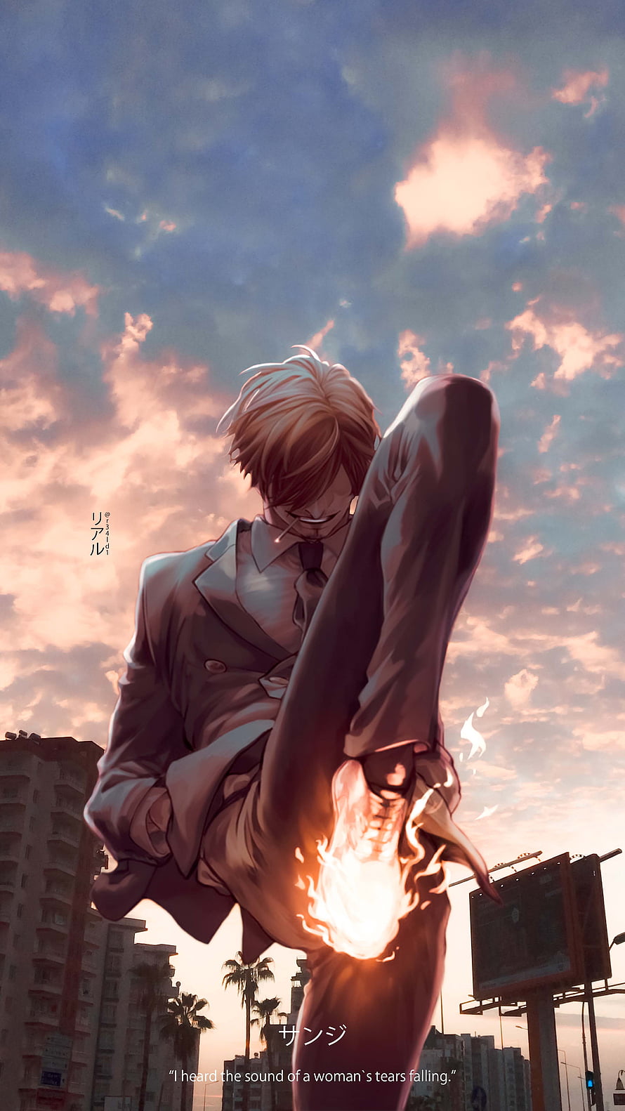 Vinsmoke Sanji in a suit with a flaming leg against a dramatic sunset sky HD phone wallpaper