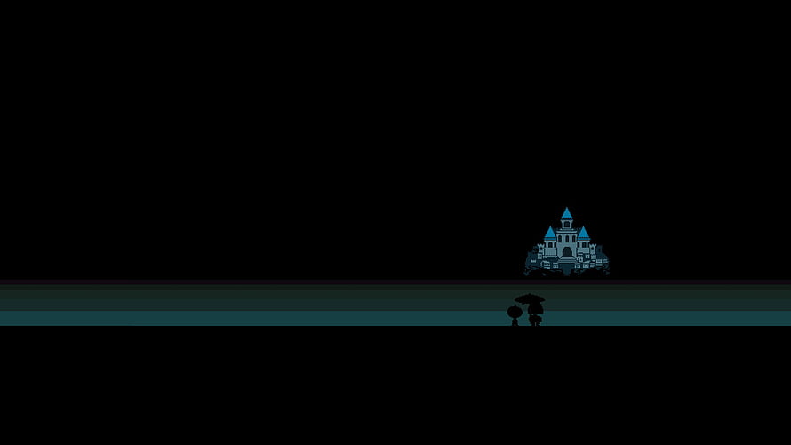Undertale Pixel Art Castle Silhouette on Dark Horizon with Tiny Figures HD wallpaper