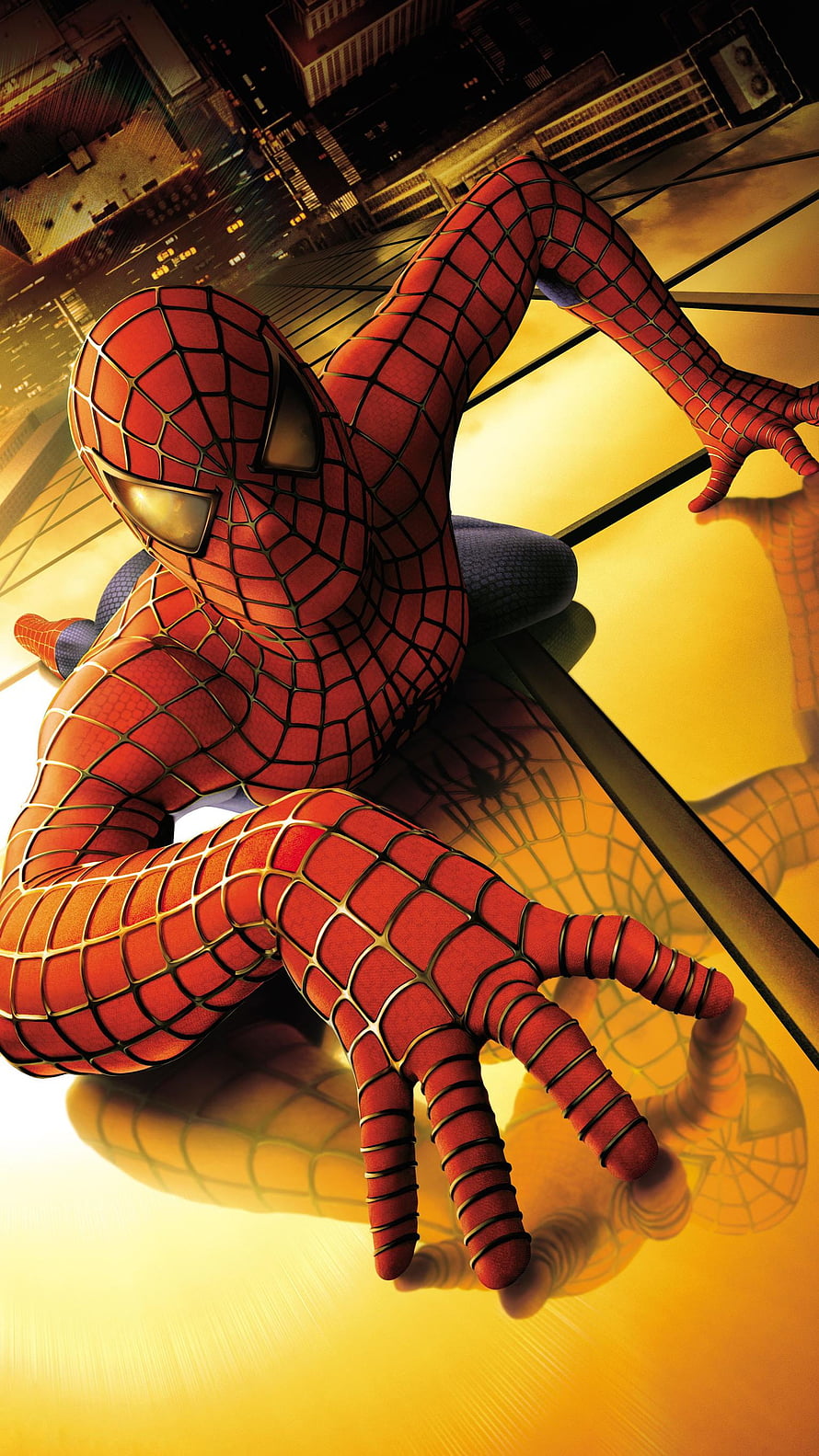 Spider-Man 2002 Classic Red Suit Leaning on Glass Skyscraper at Golden Hour HD phone wallpaper