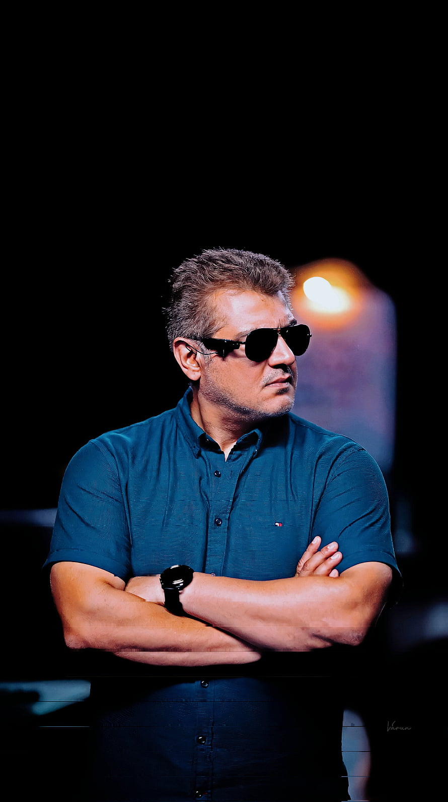Ajith Kumar in Teal Shirt and Aviator Sunglasses with Arms Crossed HD phone wallpaper