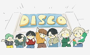 BTS Chibi Fanart Illustration With Disco Sign And Cute Character Poses HD wallpaper